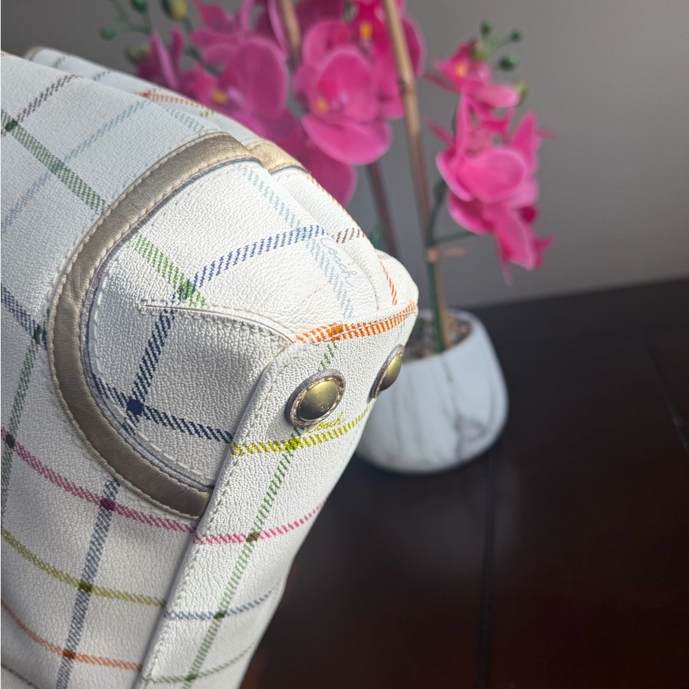 Coach Peyton Tattersall Plaid Satchel Tote Coated Canvas Ivory - Picture 3 of 16